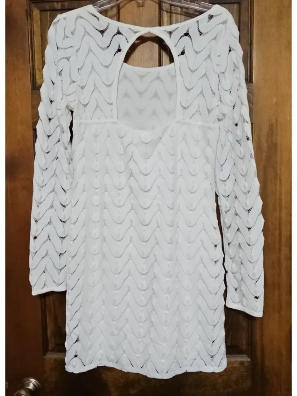Free People Wild Thing Dress Sz M White Chevron Pattern Open Back Crochet L/S